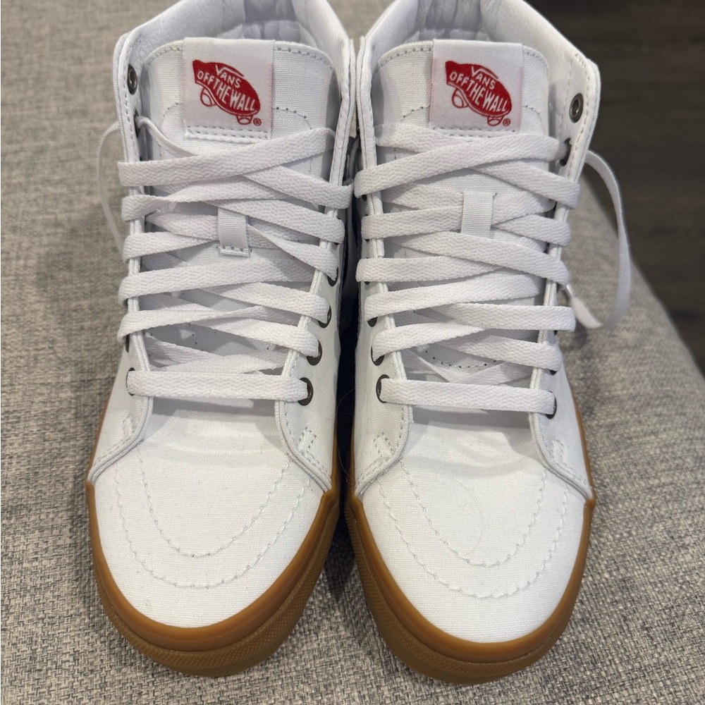 Vans White Canvas High-Tops with Gum Sole and Red Logo